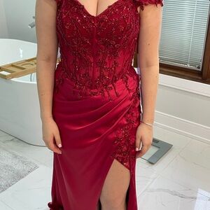 Red Embellished Wrap Gown with Sweetheart Neckline